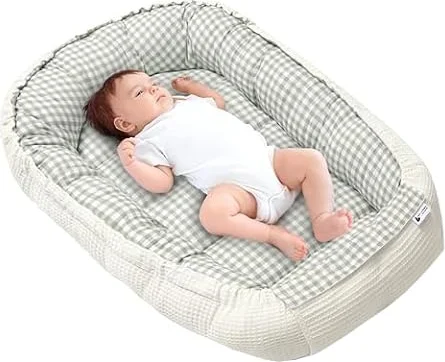 Medi Partners Nido Bebe Recien Nacido Reductor de Cuna - 100x60x15 Portátil o de Viaje de Colecho anticolicos Bilateral Bebés 100% Algodón Gofre (Cuadros con Oliva Gofre)