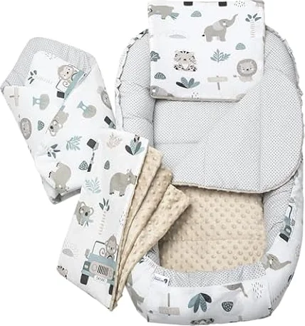 Medi Partners Nido Bebe Recien Nacido Reductor de Cuna - 100x60x15 Juego de 5 Piezas bebés anticolicos Bilateral Portátil o de Viaje 100% Algodón (Menta Zoo con Minky Beige)